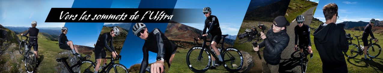 Montage photo d'un tournage de présentation de sportif on remarque un décor de nature, dans les montagnes avec un grand ciel bleu, on reconnais un cycliste professionnel entièrement équipé avec son vélo carbone, on a quelques photos de l'équipe technique qui est, elle aussi équipée de matériel professionnel tel qu'un stabilisateur Dji Ronin ainsi qu'une caméra Sony.